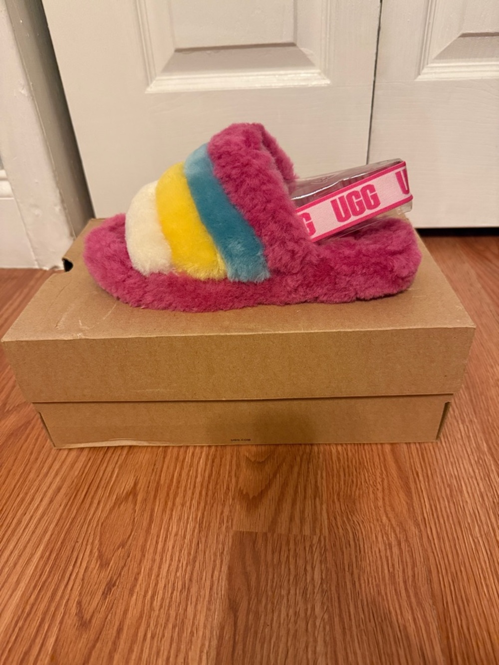 UGG Kids Magenta Plush Rainbow Stripe Slide